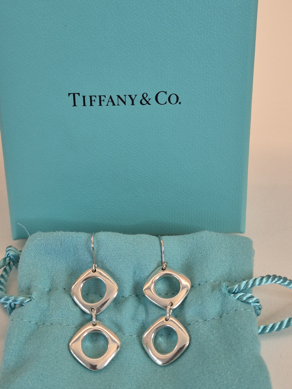 Tiffany & Co. Sterling Silver Cushion Double Drop Earrings with Blue Box & Pouch